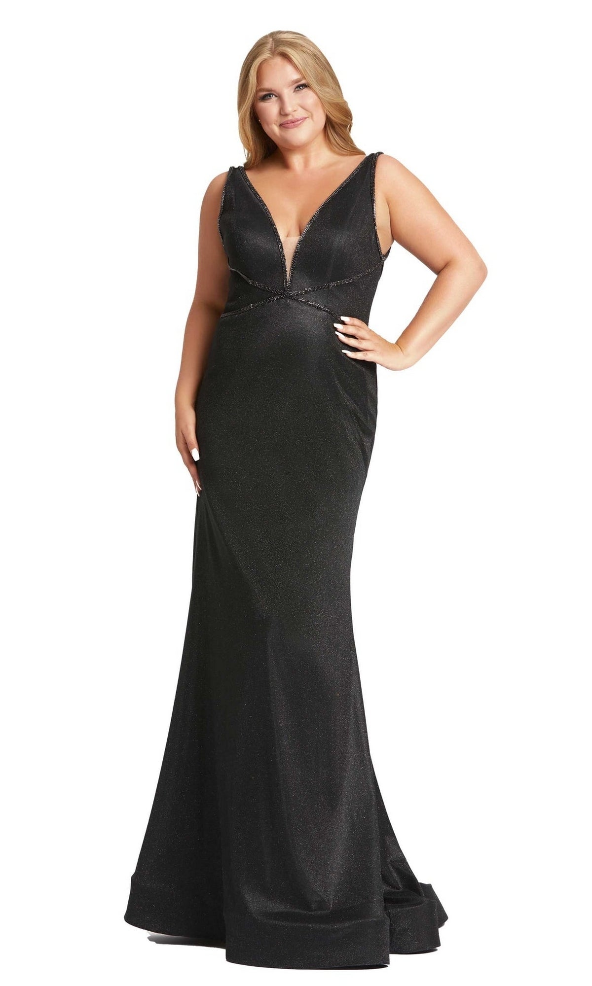 A woman poses in the Long Plus-Size Prom Dress 48895 by Mac Duggal—a floor-length, sleeveless black gown with a deep V-neckline and subtle shimmer.